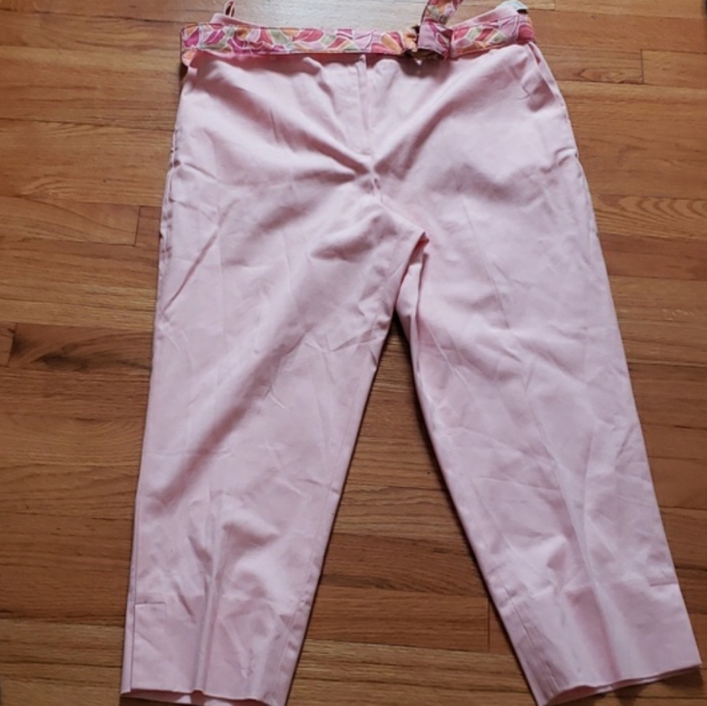Talbots pink stretch cotton blend capri cropped w/ pink patterned belt/scarf NWT